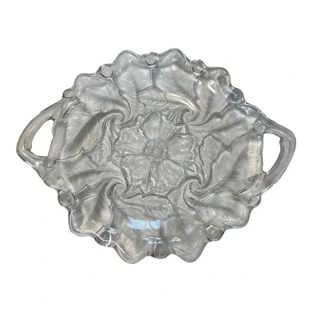 Vintage Indiana Glass Wild Rose Clear Glass Handled Serving Platter Floral 12